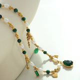 Stainless Steel Turquoise Pearl Choker Necklace Green Cubic Zirconia Charms