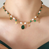 Stainless Steel Turquoise Pearl Choker Necklace Green Cubic Zirconia Charms