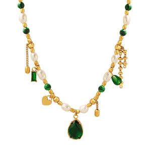 Stainless Steel Turquoise Pearl Choker Necklace Green Cubic Zirconia Charms