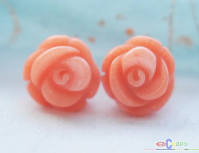 Hand Carved Pink Coral Rose Stud Earrings
