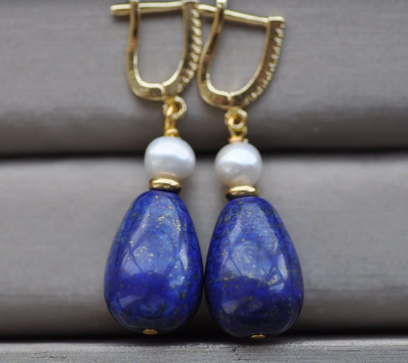 18mm Drop Lapis Lazuli Pearl Dangle Earrings with CZ