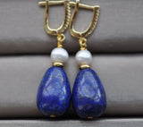 18mm Drop Lapis Lazuli Pearl Dangle Earrings with CZ