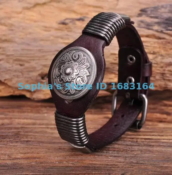 S542 Vintage Floral Studded Men's Leather Bracelet