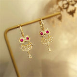 S925 CZ Green/Red Stone Owl Clip Earrings