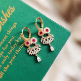 S925 CZ Green/Red Stone Owl Clip Earrings