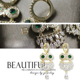 S925 Owl Clip Earrings High Inlay Green Rhinestone Fine Jewelry