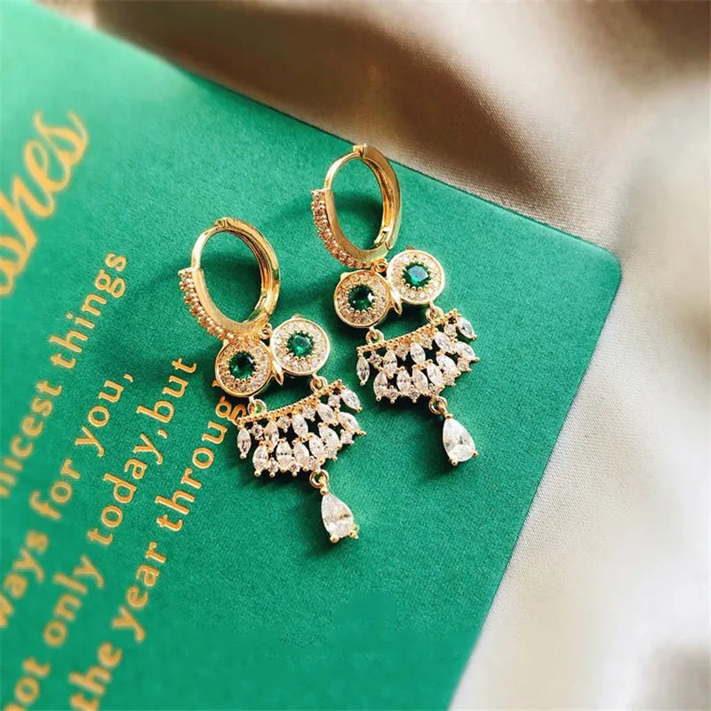 S925 Owl Clip Earrings High Inlay Green Rhinestone Fine Jewelry