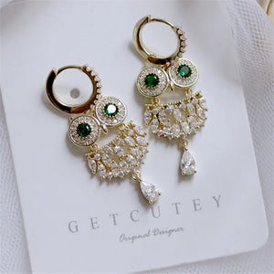 S925 Owl Clip Earrings High Inlay Green Rhinestone Fine Jewelry