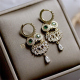 S925 Owl Clip Earrings High Inlay Green Rhinestone Fine Jewelry