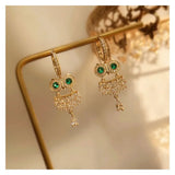 S925 Owl Clip Earrings High Inlay Green Rhinestone Fine Jewelry