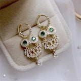 S925 Owl Clip Earrings High Inlay Green Rhinestone Fine Jewelry