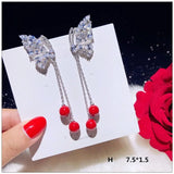 S925 Drop Earrings Red Pearls CZ Stone Bridal Wedding Aretes