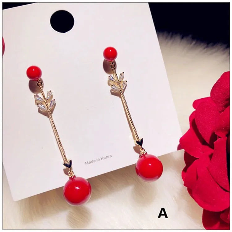 S925 Drop Earrings Red Pearls CZ Stone Bridal Wedding Aretes