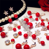 S925 Drop Earrings Red Pearls CZ Stone Bridal Wedding Aretes