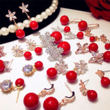 S925 Drop Earrings Red Pearls CZ Stone Bridal Wedding Aretes