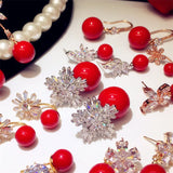 S925 Drop Earrings Red Pearls CZ Stone Bridal Wedding Aretes