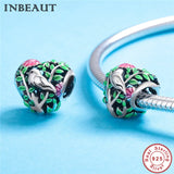 S925 Forest Bird Charm for Bracelet 925 Sterling Silver Heart Pink Flower Beads
