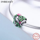 S925 Forest Bird Charm for Bracelet 925 Sterling Silver Heart Pink Flower Beads