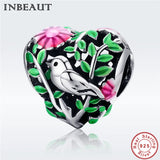 S925 Forest Bird Charm for Bracelet 925 Sterling Silver Heart Pink Flower Beads