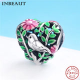 S925 Forest Bird Charm for Bracelet 925 Sterling Silver Heart Pink Flower Beads