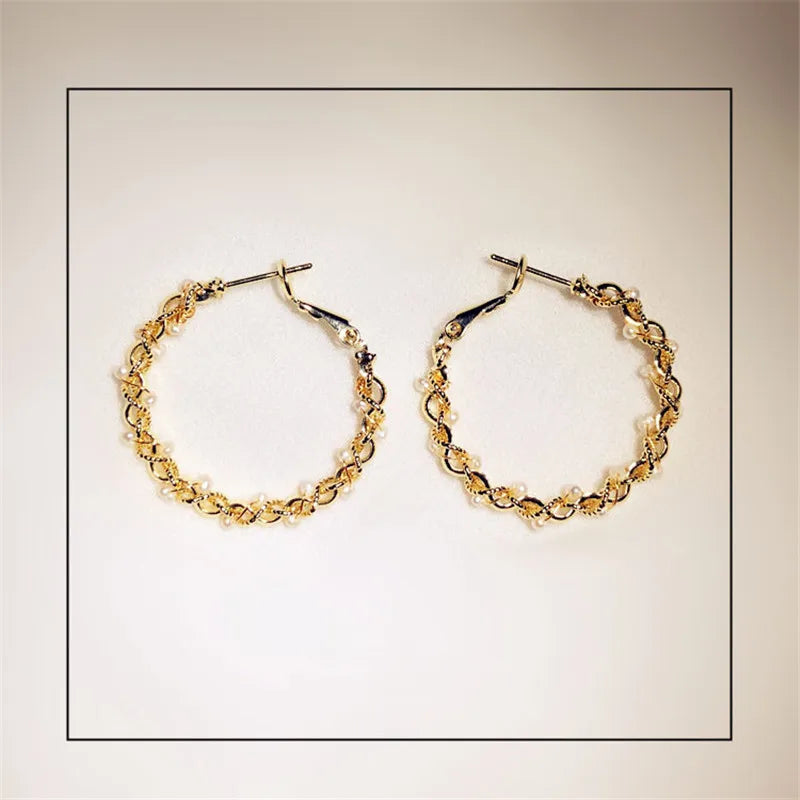 Vintage Winding Pearls Hoop Earrings Big Circle Earrings For Women