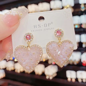 S925 Fairy Pink Crystal Heart Silver Needle Earrings