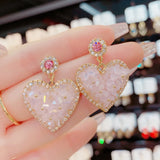 S925 Fairy Pink Crystal Heart Silver Needle Earrings