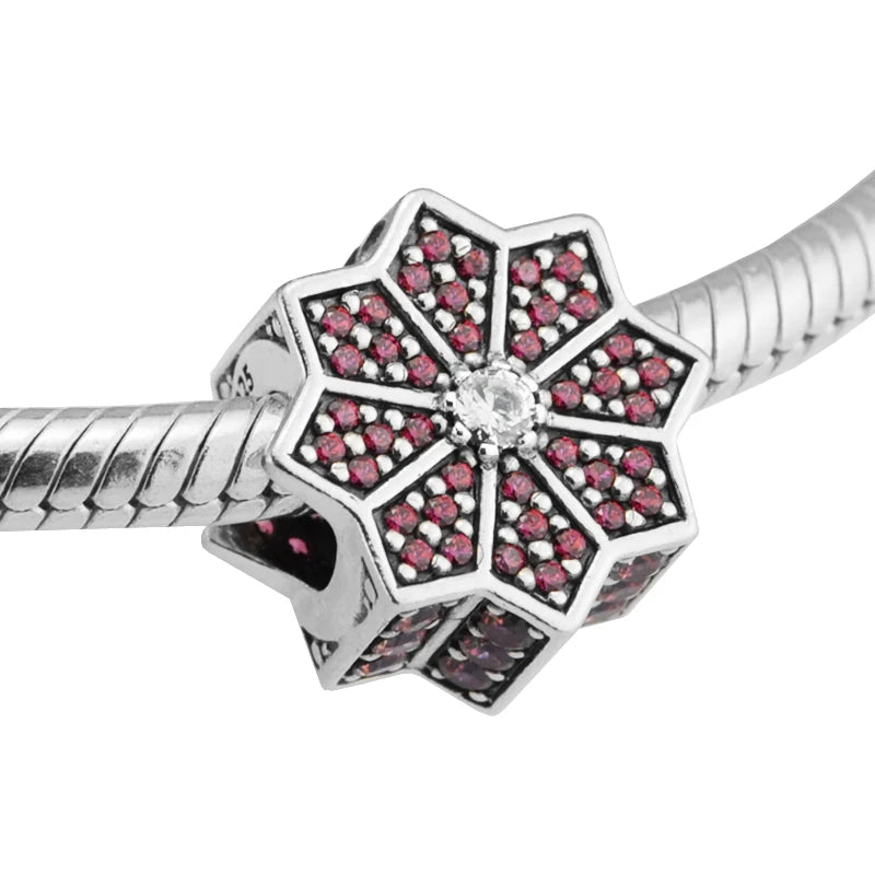 S925 Silver Poinsettia Charm for Europe Bracelet Red & Clear CZ Beads