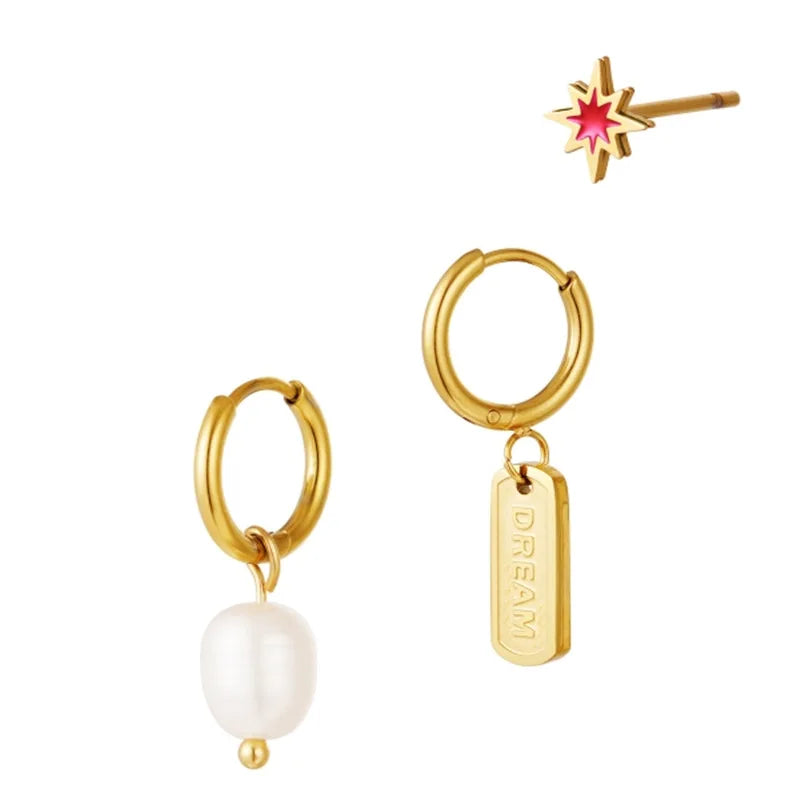 S925 Pearl Octagonal Star Earrings Set - Christmas Gift for Women
