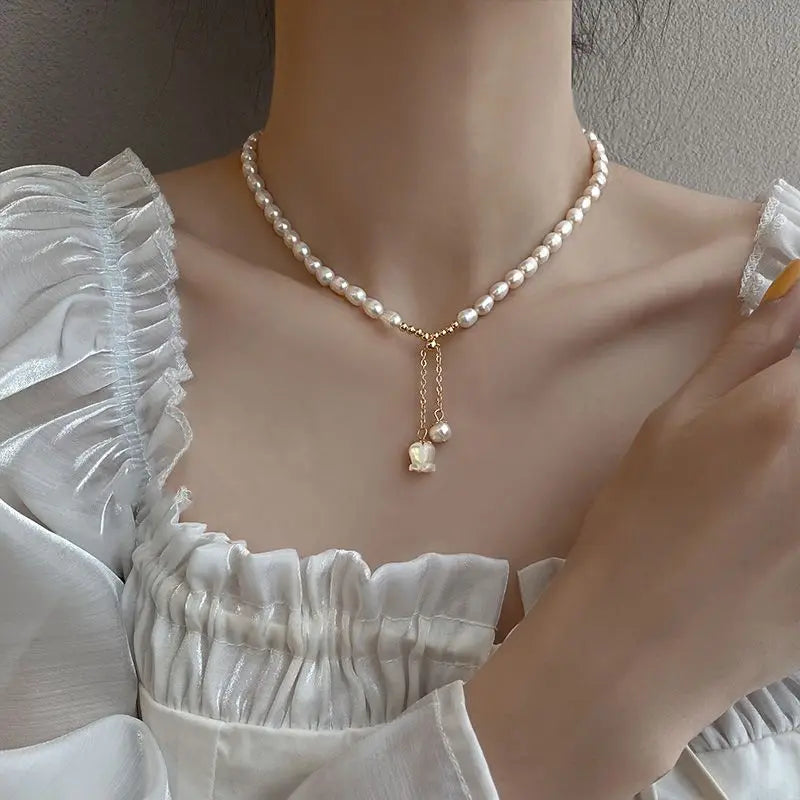 S925 Silver Bell Orchid Pearl Necklace Elegant Women's Collar Chain
