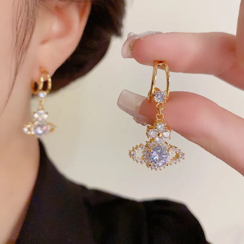 S925 Silver Needle Zircon Saturn Planet Earrings
