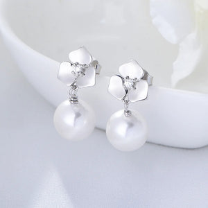 S925 Silver Flower Pearl Dangle Stud Earrings Crystal Wedding Jewelry