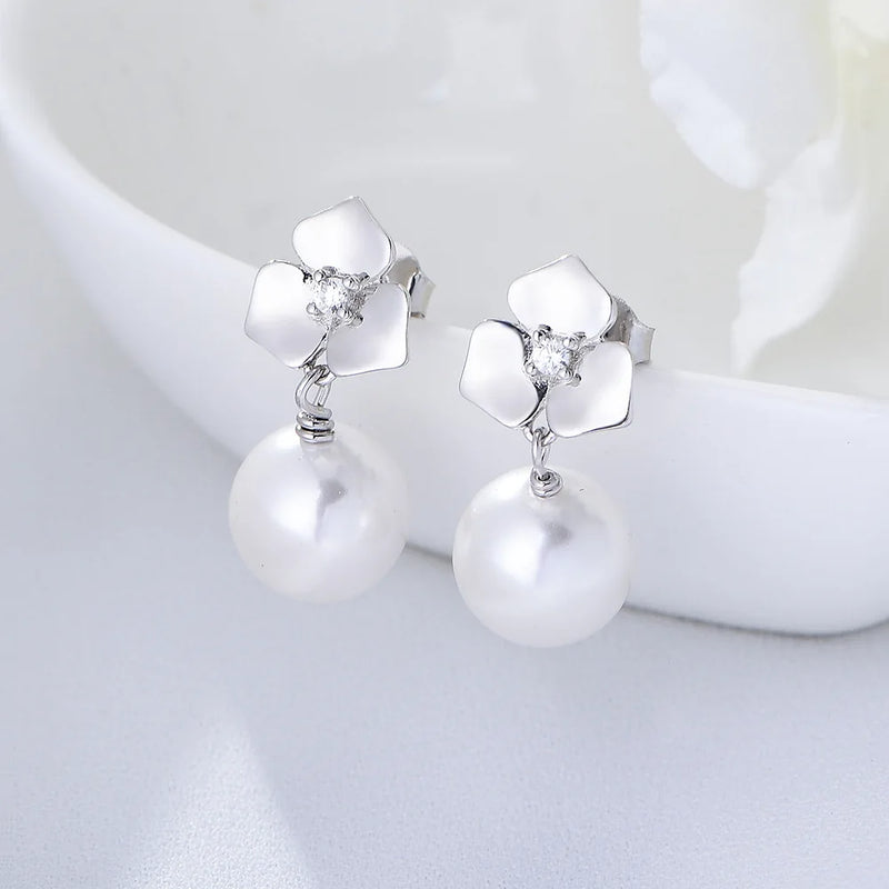S925 Silver Flower Pearl Dangle Stud Earrings Crystal Wedding Jewelry