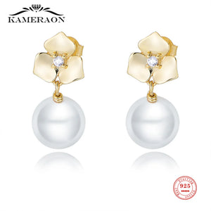 S925 Silver Flower Pearl Dangle Stud Earrings Crystal Wedding Jewelry