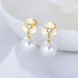 S925 Silver Flower Pearl Dangle Stud Earrings Crystal Wedding Jewelry