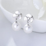 S925 Silver Flower Pearl Dangle Stud Earrings Crystal Wedding Jewelry