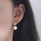 S925 Silver Flower Pearl Dangle Stud Earrings Crystal Wedding Jewelry