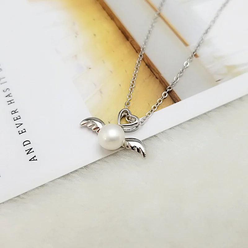 S925 Silver Angel Wing Pendant Pearl Necklace Sweet DIY Silver Jewelry
