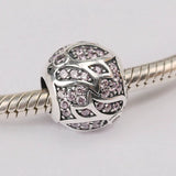 S925 Silver Bead Charm Leaves Flower Pink CZ Lady Bracelet Bangle DIY