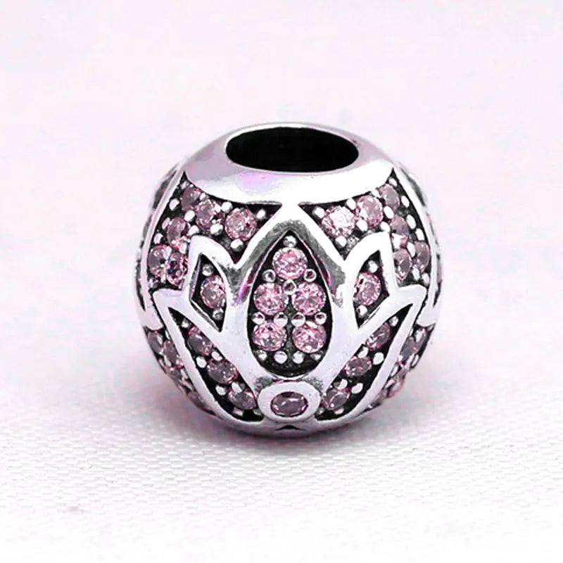S925 Silver Bead Charm Leaves Flower Pink CZ Lady Bracelet Bangle DIY