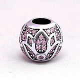 S925 Silver Bead Charm Leaves Flower Pink CZ Lady Bracelet Bangle DIY