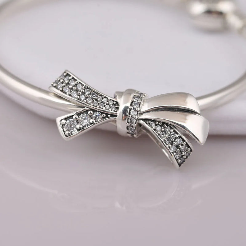925 Silver Bow Charm Bracelet Bangle CZ Pave Crystal DIY Jewelry