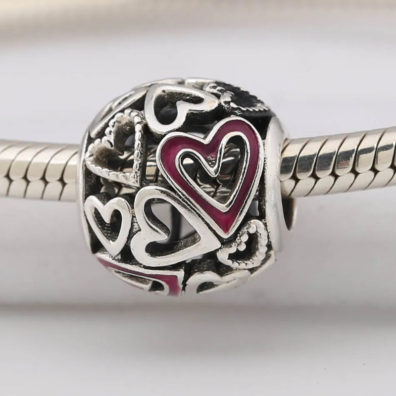 S925 Silver Hearts Bead for Women Bracelets DIY Jewelry Red Enamel