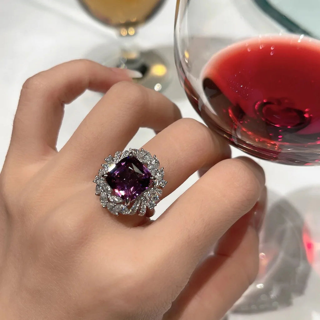 S925 Silver Amethyst Ring Princess Cut Zircon Wedding Ring