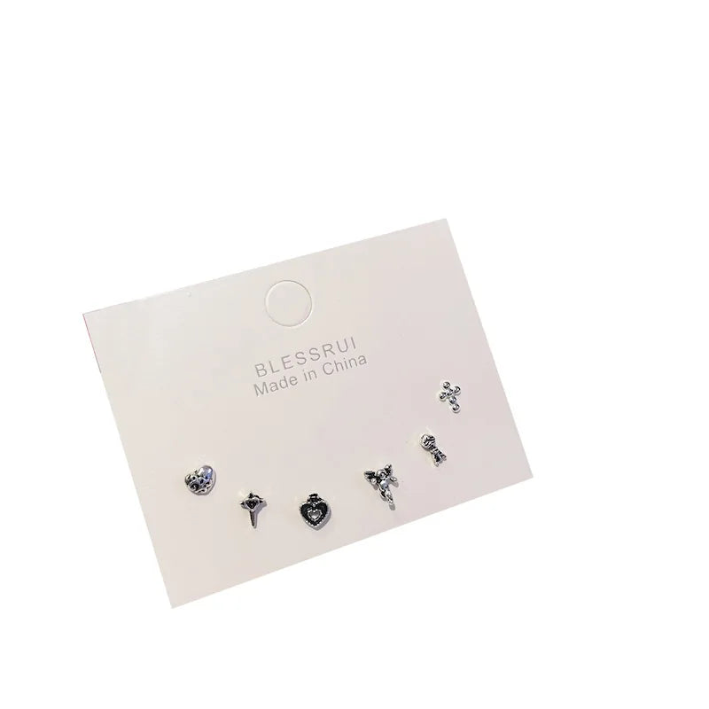 S925 Silver Heart Cross Stud Earrings Set Delicate Chain Earring for Women
