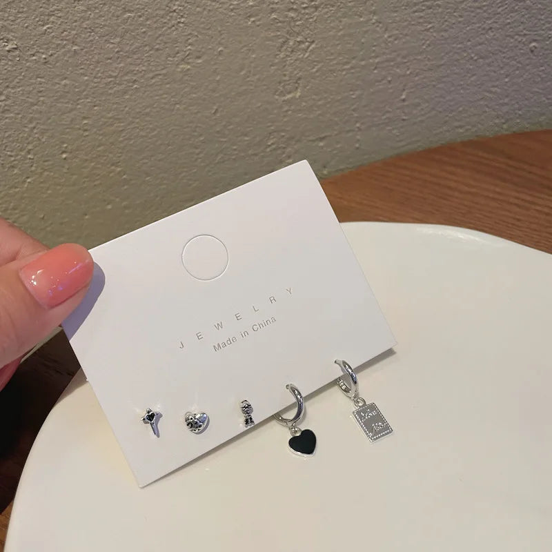 S925 Silver Heart Cross Stud Earrings Set Delicate Chain Earring for Women