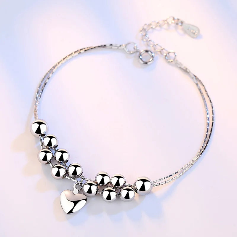 S925 Silver Double Chain Heart & Star Beads Bracelet Bangle