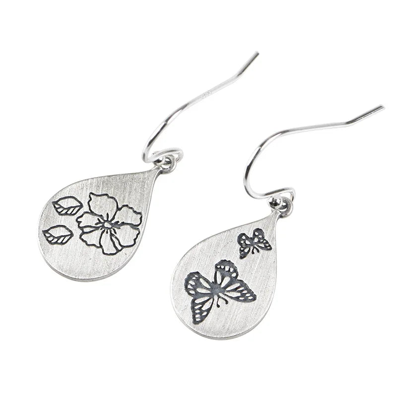 S925 Silver Drop Earrings Frosted Butterfly Print Women Girls Gift