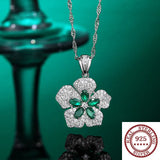 S925 Silver Emerald Crystal Leaf Pendant Necklace