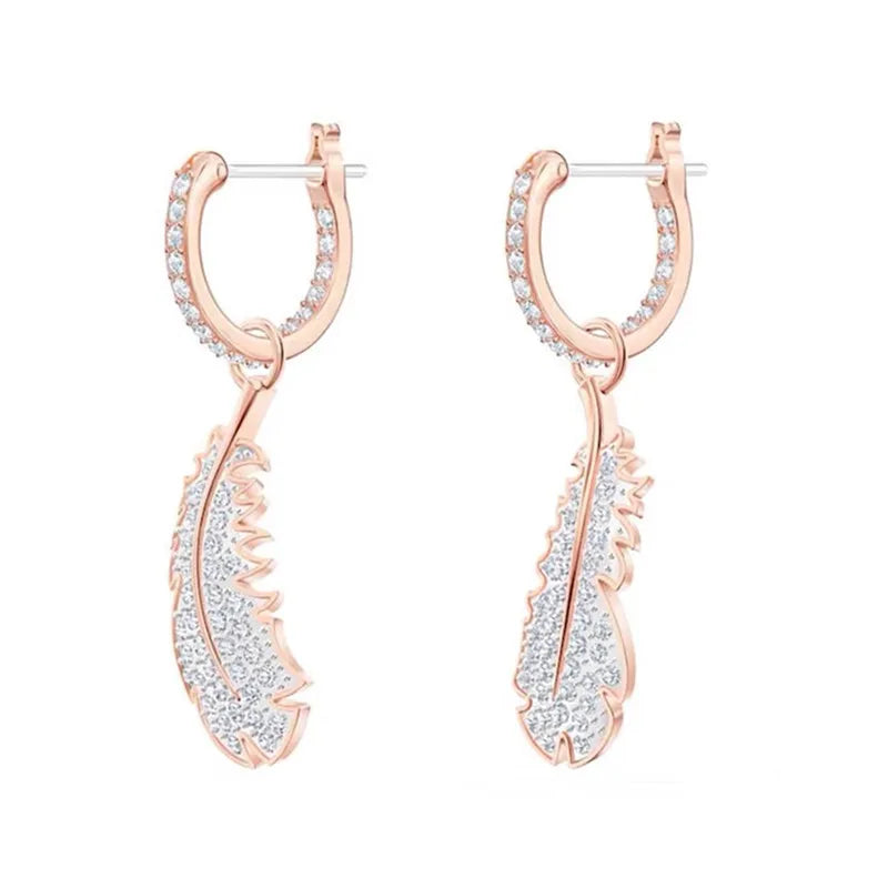 S925 Silver Feathers Earrings CZ Female Ear Studs Jewelry Romantic Gift